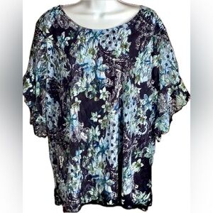 M&E 2X Top Lace Overlay Blouse Modern Floral Print Stretchy Paisley Blues EUC
